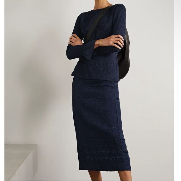 LAFAYETTE 148 | NEW Shirred Crepe Navy Blue Top & Skirt Set Women’s Size Large - Picture 1 of 15